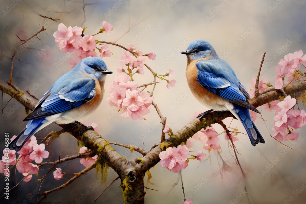 Eastern Bluebirds, male and female, perch on flowering branches in ...