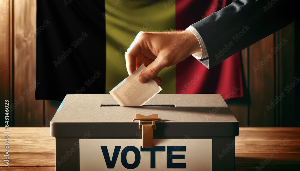 A voter casts their ballot into the box, with the Belgium flag in the background, symbolizing democracy and civic duty A voter casts their ballot into the box, with the Belgium flag in the background, symbolizing democracy and civic duty