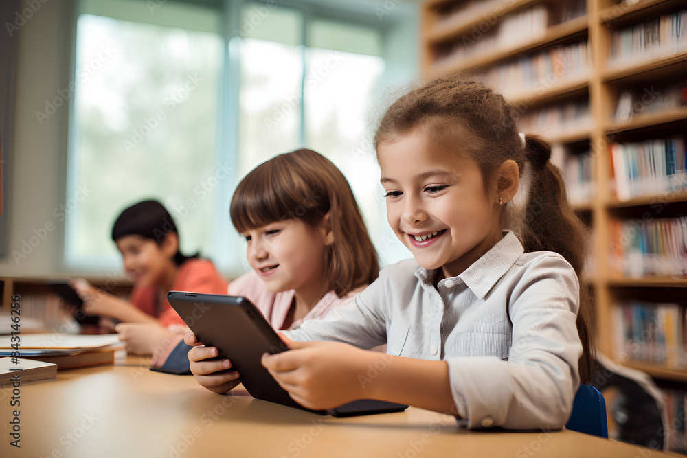 education, elementary school, learning, technology and people concept - close up of school kids with tablet pc computers having fun and playing on break in classroom education, elementary school, learning, technology and people concept - close up of school kids with tablet pc computers having fun and playing on break in classroom
