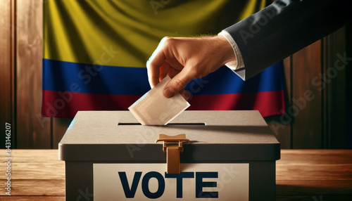 A voter casts their ballot into the box, with the Colombia flag in the background, symbolizing democracy and civic duty