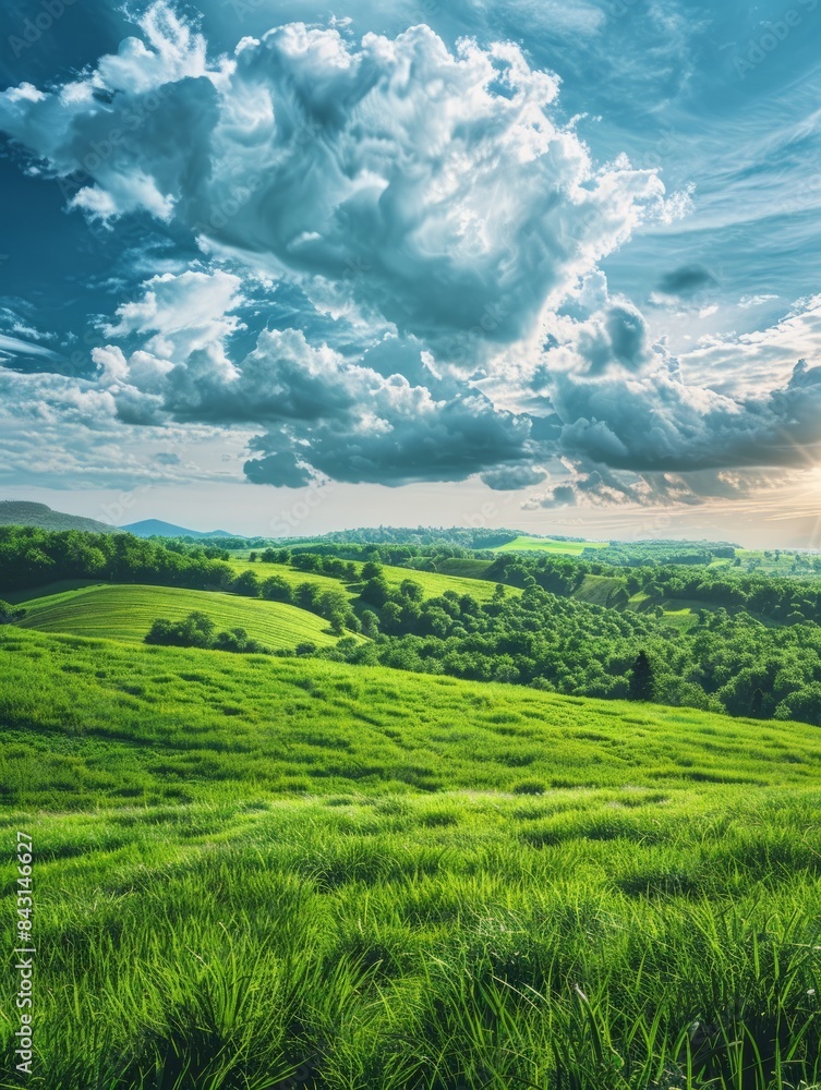 Beautiful summer landscape with green meadow and blue sky with clouds, Hilly green landscape view with green grass and beautiful sky, AI Generated hyper realistic 