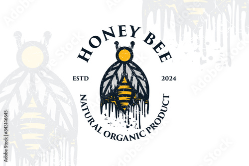 Honey bee logo design with farm vintage unique stye Premiium Vector