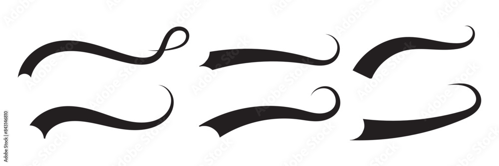Set of Swoosh and swoop underline typography tails shape in flat styles. Brush drawn curved smear. Hand drawn curly swishes, swash, twiddle. Vectors calligraphy doodle swirl on white background.Vector Set of Swoosh and swoop underline typography tails shape in flat styles. Brush drawn curved smear. Hand drawn curly swishes, swash, twiddle. Vectors calligraphy doodle swirl on white background.Vector