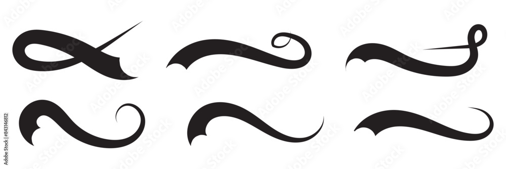 Set of Swoosh and swoop underline typography tails shape in flat styles. Brush drawn curved smear. Hand drawn curly swishes, swash, twiddle. Vectors calligraphy doodle swirl on white background.Vector Set of Swoosh and swoop underline typography tails shape in flat styles. Brush drawn curved smear. Hand drawn curly swishes, swash, twiddle. Vectors calligraphy doodle swirl on white background.Vector