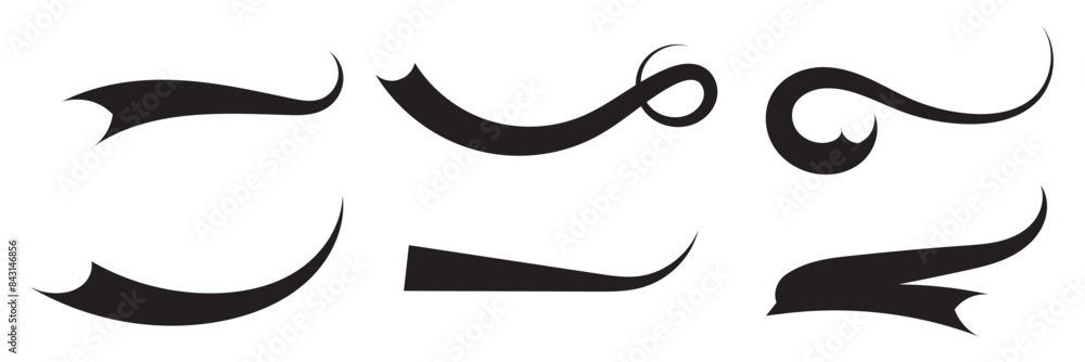 Swoosh and swash typography tails shape. Underline retro swoop wave line for athletic tshirt. Vector strockes set Swoosh and swash typography tails shape. Underline retro swoop wave line for athletic tshirt. Vector strockes set