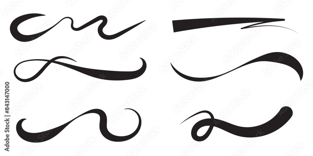 Swoosh and swash tails line and flat collection. Swooshes text tail for baseball design. Sports swash underline shapes set in retro style. Swish typography font element for athletics, football Swoosh and swash tails line and flat collection. Swooshes text tail for baseball design. Sports swash underline shapes set in retro style. Swish typography font element for athletics, football