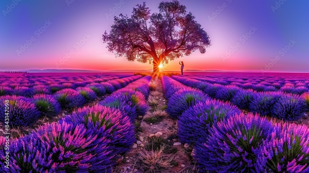 Fototapeta premium A man standing amidst a field of lavender with a tree at its center