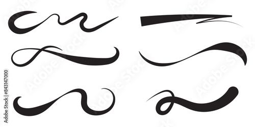 Swoosh and swash tails line and flat collection. Swooshes text tail for baseball design. Sports swash underline shapes set in retro style. Swish typography font element for athletics, football