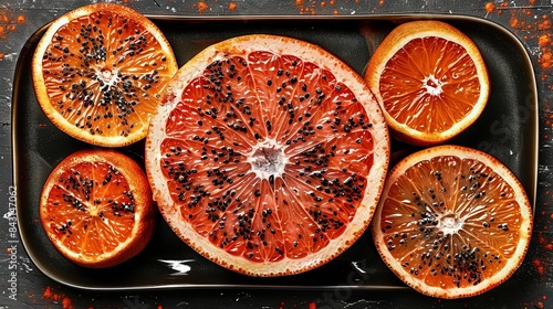   A serving of juicy blood oranges, expertly cut into halves, beautifully arranged on a rustic wooden surface with subtle blood splatters photo