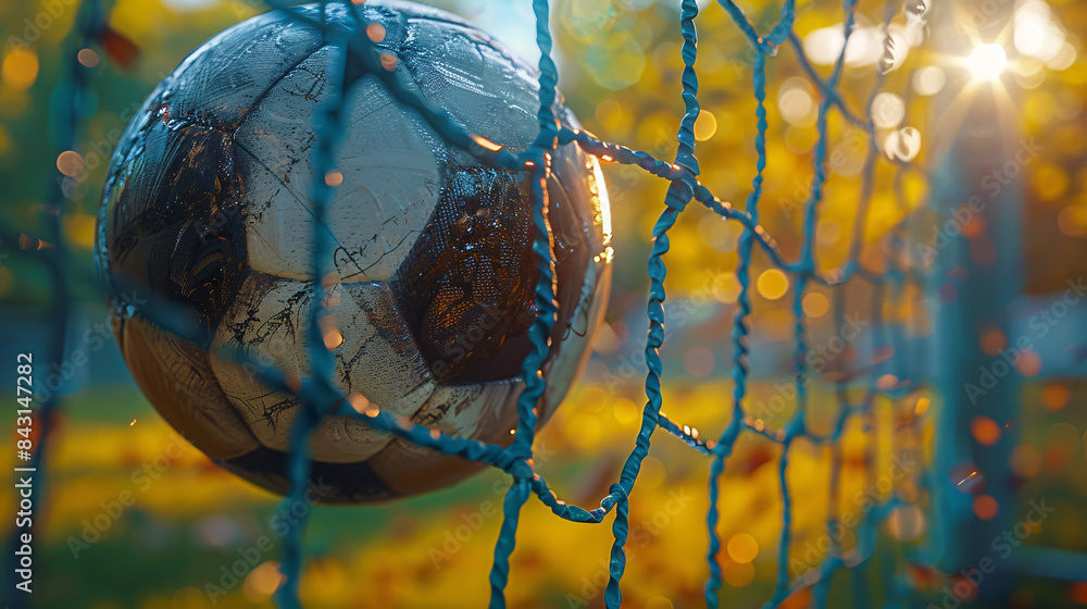 A soccer ball flies into the goal through the net against a blurred background of a soccer field with a bokeh effect. A soccer ball flies into the goal through the net against a blurred background of a soccer field with a bokeh effect.