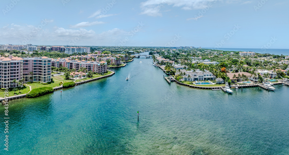 Obraz premium panoramic drone view of Lake Boca Raton, Florida with City