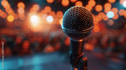 Photo of a microphone on stage with an audience in the background. © EEKONG