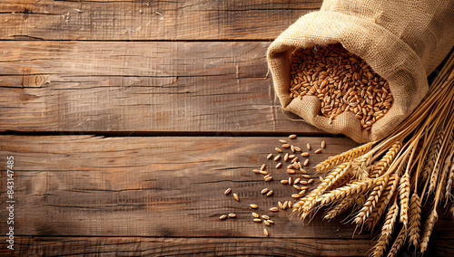 Wheat grains on wooden plank background.