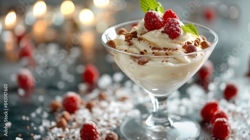 Elegant dessert with whipped cream, nuts, and fresh raspberries served in a martini glass