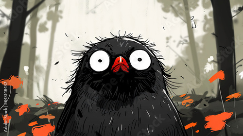   A red-beaked black bird perched amidst an array of vibrant red foliage within a lush forest