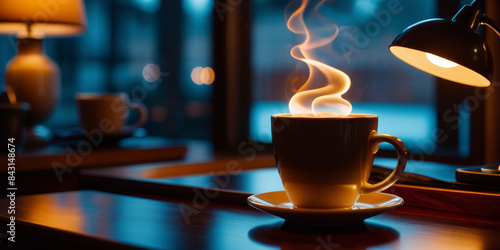 A cup of coffee on a table in the light of a desk lamp. Steam is coming out of the cup. Blurred background. Dark shot. Evening warm atmosphere. Copy, space, banner. With copy space. Coffee. photo