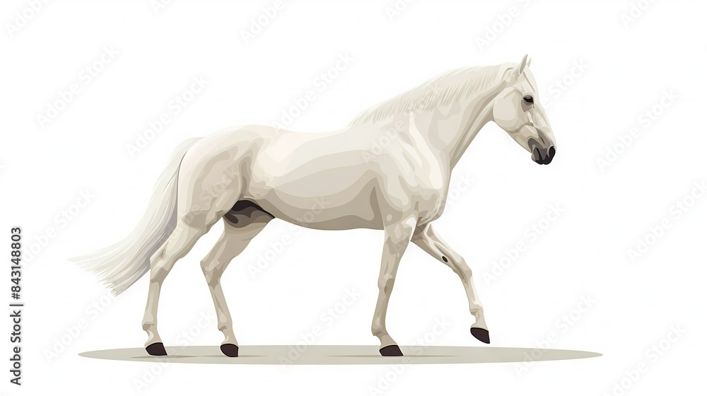 Fototapeta premium A white horse stands on a white background with a shadow of its head on its hind legs