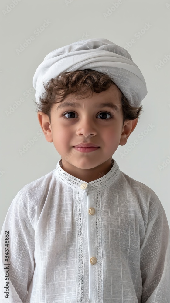 Bright and cheerful portrait of a child in traditional attire for Eid al-Adha, isolated on a white background. The minimalistic design emphasizes cultural pride and festivity.
Bright and cheerful portrait of a child in traditional attire for Eid al-Adha, isolated on a white background. The minimalistic design emphasizes cultural pride and festivity.