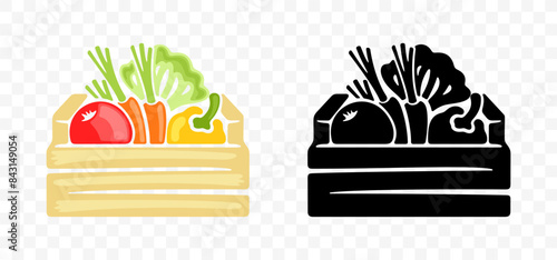 Wooden box with vegetables and fruits, graphic design. Food, meal, harvest and grocery, vector design and illustration
