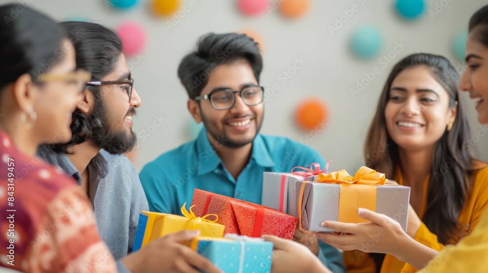 Bright and minimalistic display of a group of friends exchanging gifts, isolated on a white background. The clean design highlights the festive atmosphere and joy of sharing.
Bright and minimalistic display of a group of friends exchanging gifts, isolated on a white background. The clean design highlights the festive atmosphere and joy of sharing.