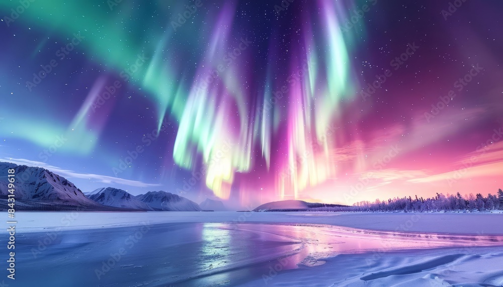 Northern lights illuminating the night sky with swirling colors of green, pink, and purple, casting a surreal glow over a tranquil, frozen lake Northern lights illuminating the night sky with swirling colors of green, pink, and purple, casting a surreal glow over a tranquil, frozen lake