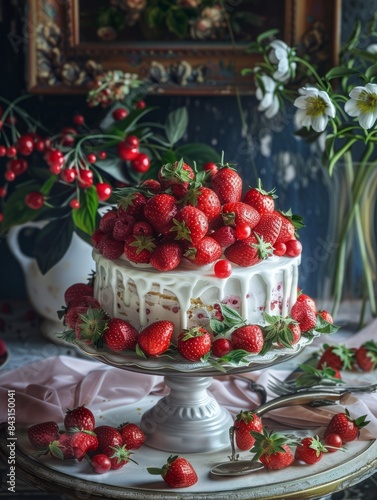 gÃ¢teau aux fraises posÃ© sur la table de la cuisine hyper realistic  photo