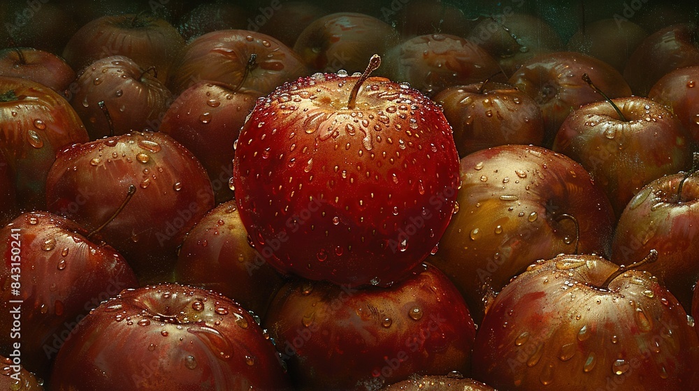 Red apple on green apple pile with water droplets Red apple on green apple pile with water droplets