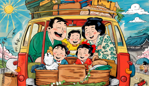 A happy family carrying their belongings in the car and getting ready to go out and spend the summer vacation at the seaside, 