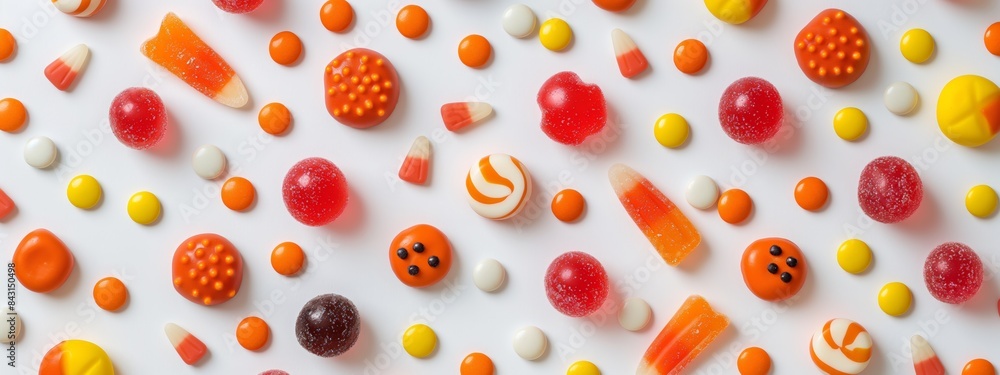 A simple and clean display of Halloween candy featuring an assortment of colorful candies and treats, isolated on a white background. The minimalistic style is bright and cheerful.
A simple and clean display of Halloween candy featuring an assortment of colorful candies and treats, isolated on a white background. The minimalistic style is bright and cheerful.