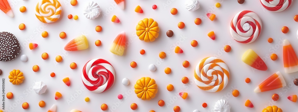 Naklejka premium Minimalistic and bright setup of Halloween candy, with a variety of colorful candies and treats, isolated on a white background. The clean design captures the festive and cheerful spirit. 