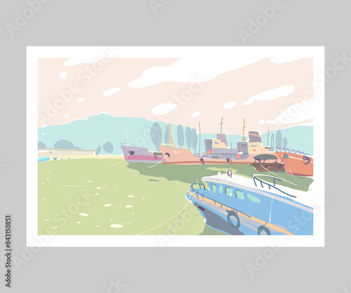 Seascape. Ships are in the bay. Hand drawn vector art illustration. Poster minimalism cartoon creative style  