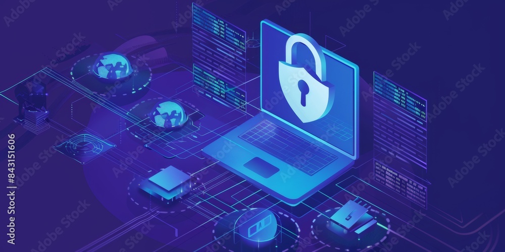 Futuristic laptop with digital security interface and neon lights Futuristic laptop with digital security interface and neon lights