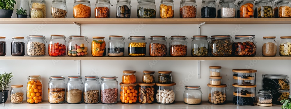 Bright and minimalistic display of a well-organized pantry with jars of preserved foods, isolated on a white background. The clean design emphasizes order and variety.
