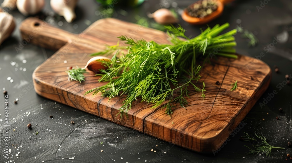Fresh dill displayed on a wooden cutting board Fresh dill displayed on a wooden cutting board