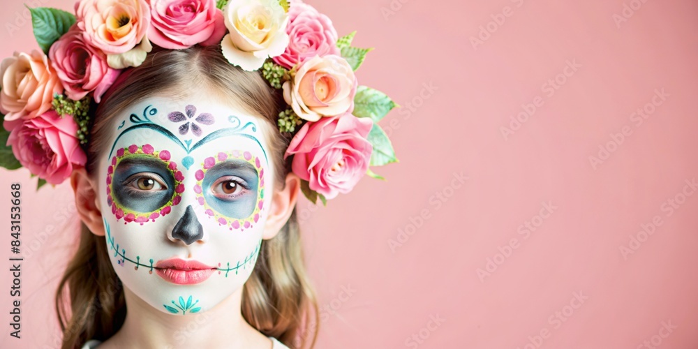 Gothic Girl with Skull Face Paint and Rose Hair Decor - Professional Stock Photo Gothic Girl with Skull Face Paint and Rose Hair Decor - Professional Stock Photo