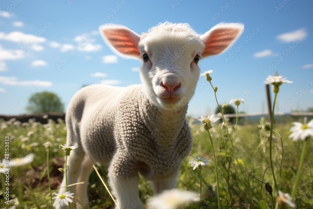 Fototapeta premium Lambs graze in a meadow with fresh green grass on a farm. Small sheep and ram in the field, surrounded by flowers and agriculture.