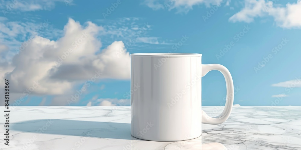 Obraz premium White mug on marble surface with blue sky background