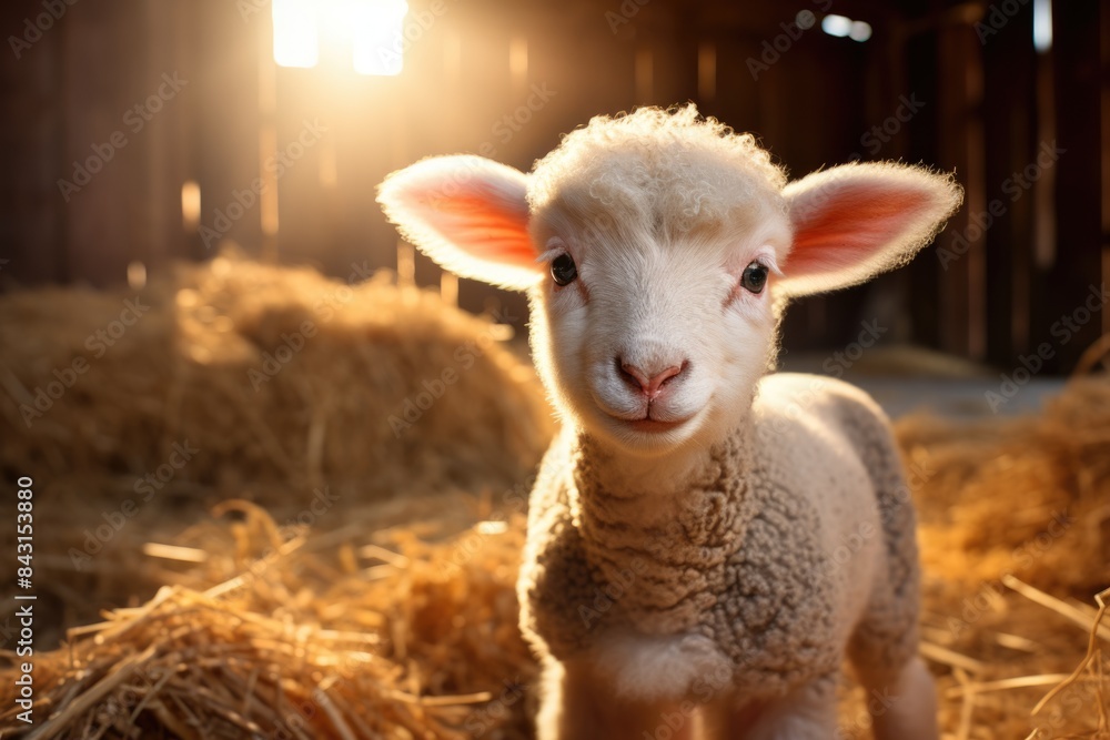 Fototapeta premium A baby sheep with a fluffy white coat and big round ears, sitting in a barn with hay and a sunlit background.