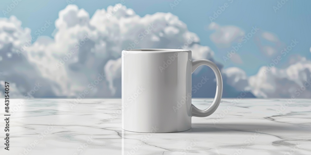 Obraz premium White mug on marble surface with blue sky background
