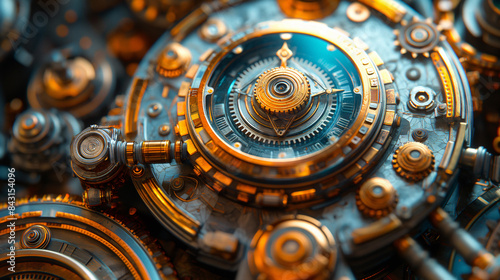 Wallpaper Mural A close-up photograph of a complex steampunk gear system with intricate details and a blue-tinted compass in the center Torontodigital.ca