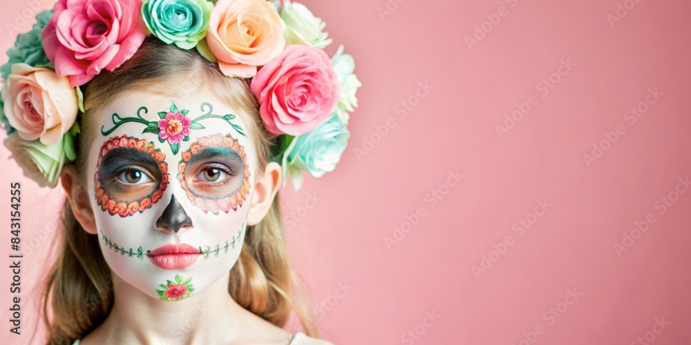 Stunning Girl with Skull Face Paint and Roses in Hair - Professional Photoshoot Concept Stunning Girl with Skull Face Paint and Roses in Hair - Professional Photoshoot Concept