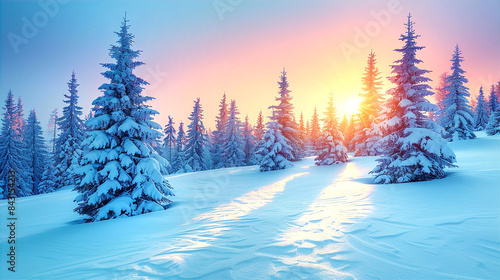Fototapeta Naklejka Na Ścianę i Meble -  Pine trees covered with heavy snow stay on top of the rock, taiga, Siberian forest at Winter panoramic view 