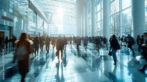 Motion blur of walking people silhouettes a big glass lobby with beautiful morning sun lights reflection. Office skyscraper entrance hall