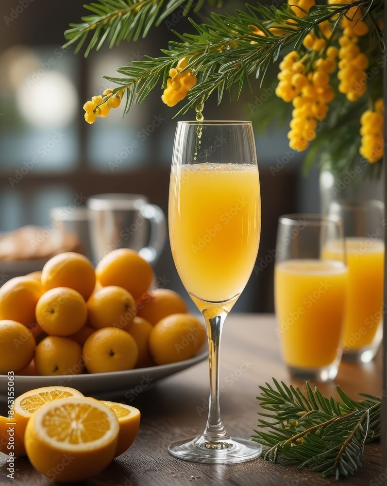 A Refreshing Mimosa in a Champagne Flute with Orange Juice and Bubbles, Surrounded by Fresh Oranges A Refreshing Mimosa in a Champagne Flute with Orange Juice and Bubbles, Surrounded by Fresh Oranges