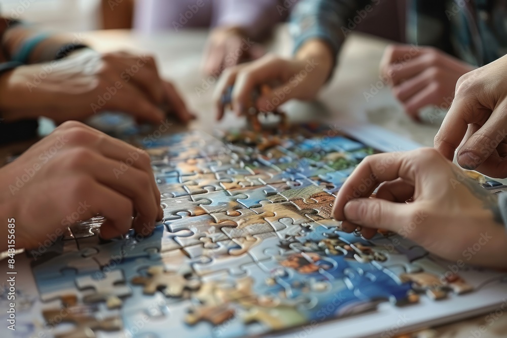 Group of people assembling a jigsaw puzzle on a wooden table. Close-up indoor photography. Teamwork and leisure activity concept for design and print.