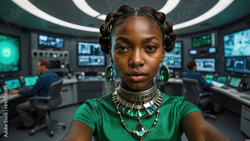 portrait of a young 20 year old African American woman with black curly hair in a cyber room full of computers as a background photo