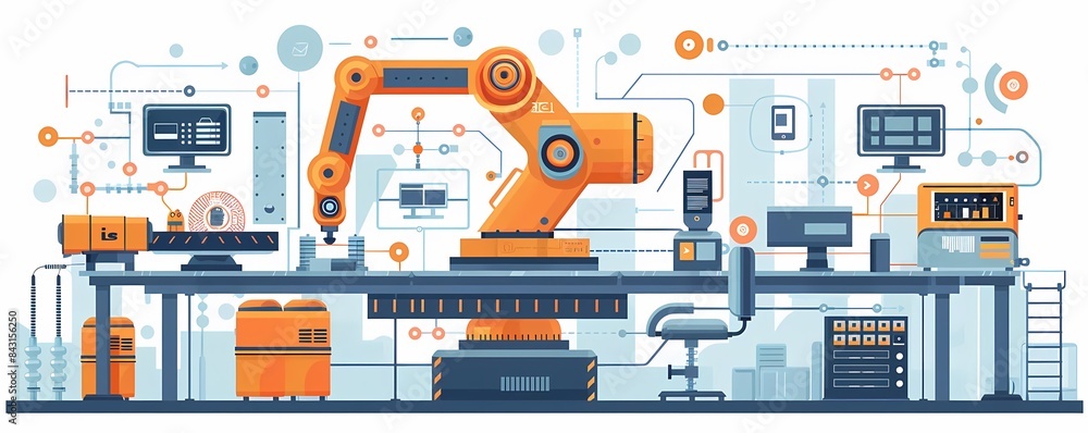 Fototapeta premium Flat design digital manufacturing technology with automated robotic arms, smart factory setting