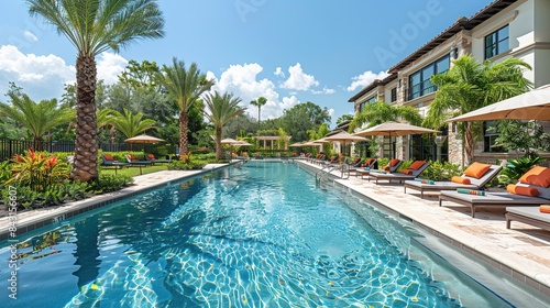 refreshing poolside setting with lounge chairs, umbrellas, and crystal-clear water