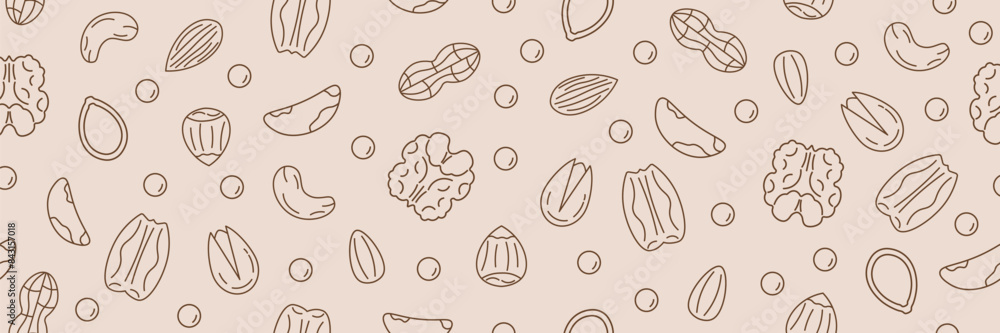 Walnut seamless pattern. Nuts in linear flat style. Hazelnuts, pistachios, almonds, walnuts, pecans, peanuts. Printable template. Vector illustration. Walnut seamless pattern. Nuts in linear flat style. Hazelnuts, pistachios, almonds, walnuts, pecans, peanuts. Printable template. Vector illustration.
