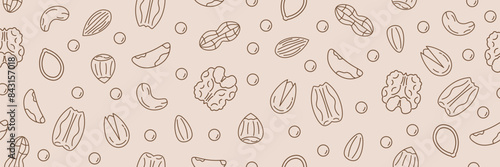 Walnut seamless pattern. Nuts in linear flat style. Hazelnuts, pistachios, almonds, walnuts, pecans, peanuts. Printable template. Vector illustration.